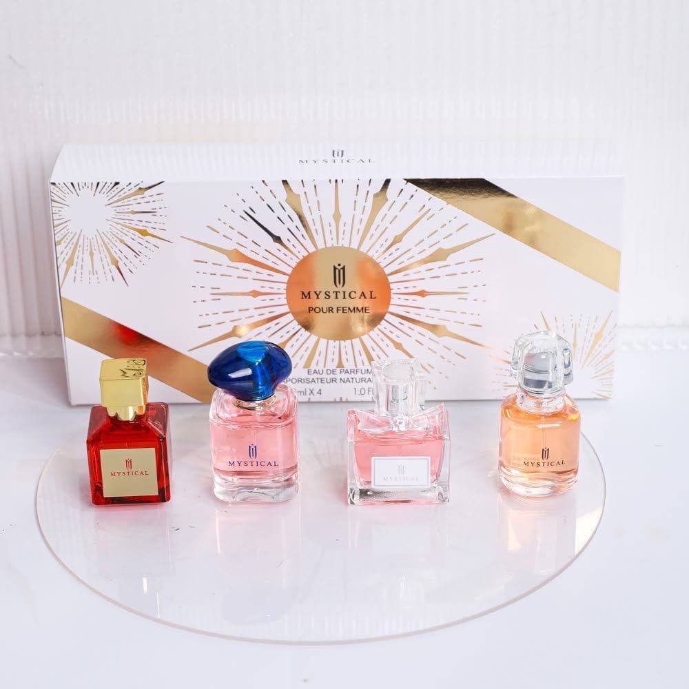 Mini perfume bottles on a white tray